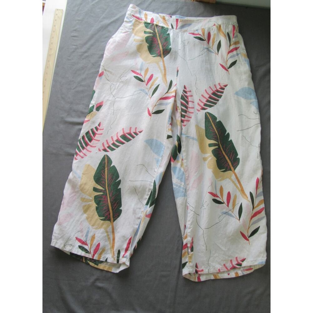 Cynthia Rowley 100% Linen Wide Leg Pull-On Crop Pants XL White Floral Beach Boho - Picture 6 of 11